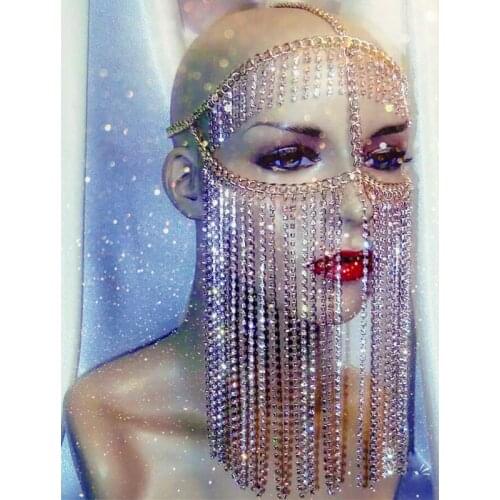 Nightclub Bar Female Rhinestone Metal Chain Mysterious Mask Head Curtain Chain Mask European American Clothing Cosplay Wear 1979