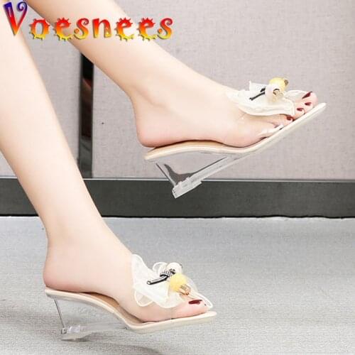 Voesnees Women Slippers 2021 Summer Fashion Flowers Wedges Transparent Sandals Non-slip Female Crystal Slides Model Catwalk Shoe