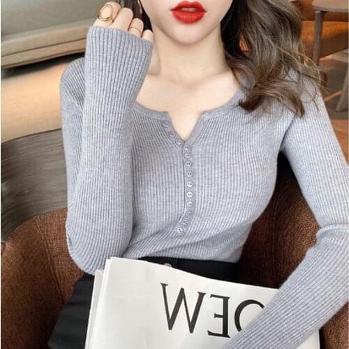 Womens knitted sweater V-Neck pullover for women Cotton Solid long sleeve top women korean sweater Basic White Sweater