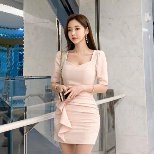 New Summer Patchwork Ruffles Sexy Square Collar Pencil Mini Dress Women High Waist Half Sleeve Slim Office OL Lady Dresses