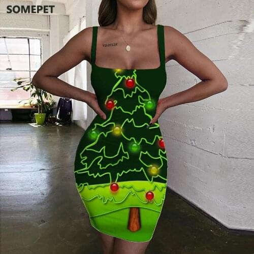 SOMEPET Christmas Dress Women Trees Halter Sleeveless Moon Ladies Dresses Party Bodycon Dress Womens Clothing Club Vintage Beach