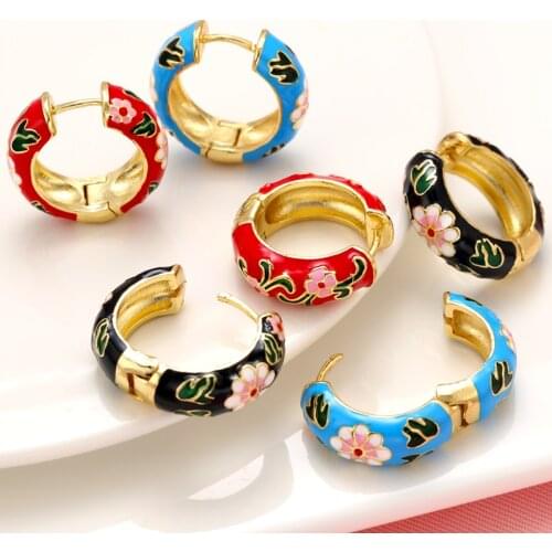 ZHUKOU One pair 2020 NEW vintage Boho small hoop earrings Brass gold color Enamel hoop earrings for party Jewelry model:VE278
