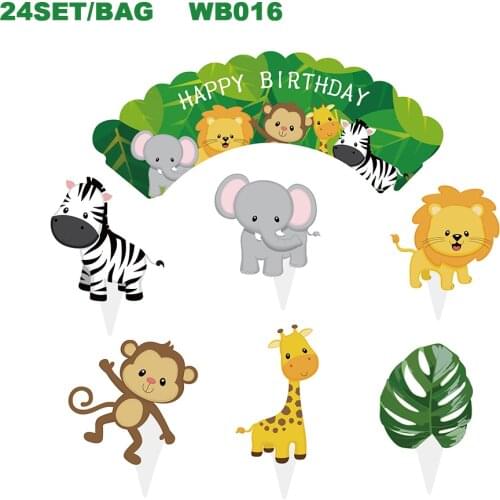 24set/bag Safari Jungle Cake Border Baby Shower Party Cake Decorations Kids Birthday Cupcake Wrapper Decorating Supplies WB016