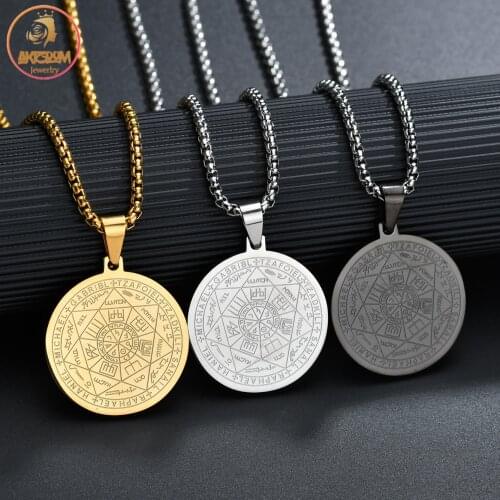 Akizoom Vintage Religious Rune Pattern Pendant Charm Chain Necklace Stainless Steel for Women Fashion Jewelry Gift Accessories