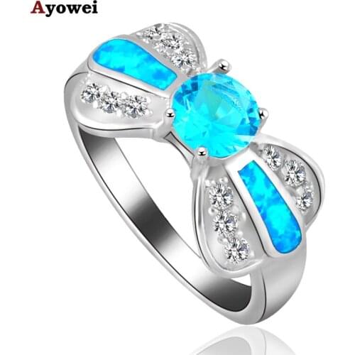 So Shining Rings for Ladies Fashion Jewelry Blue Zircon Fire Opal Silver Stamped Wonderful Rings USA Size #6#7#8#9 OR816A