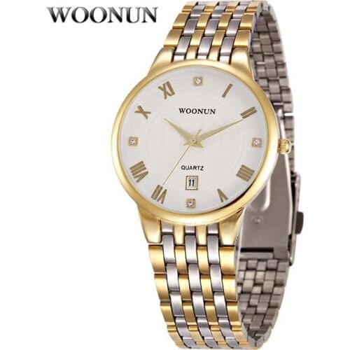 WOONUN New Men Watch Luxury 18K Gold Plated Stainless Steel Quartz Wrist Watches For Men Thin Mens Watches relogio masculino