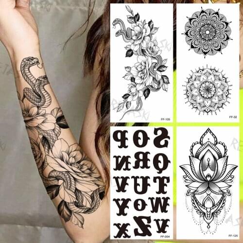 Black Snake Dahlia Temporary Tattoos For Women Girls Realistic Mandala Letter Fake Tattoo Stickers Serpent Arm Tatoos Paper