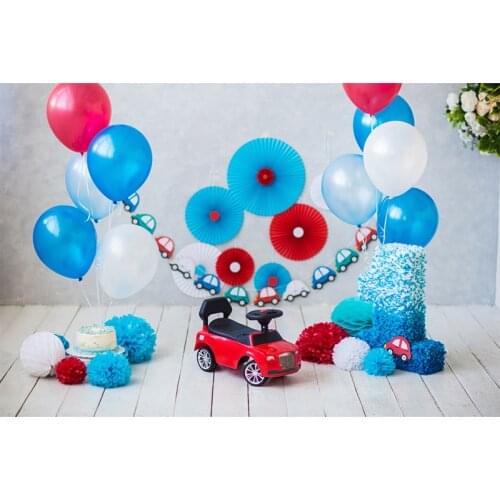 HUAYI Birthday Backdrop Background Paper Decorations For Baby Boy With Balloons Toy Car Blue Cake Smash Photo Session LW-1091