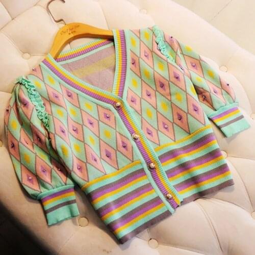 Hit Colors Rhombic Cardigan Crop Tops Women 2021 New High Waist Sweater Shirt Puff Sleeve V Neck Single-breasted Beaded Cardigan