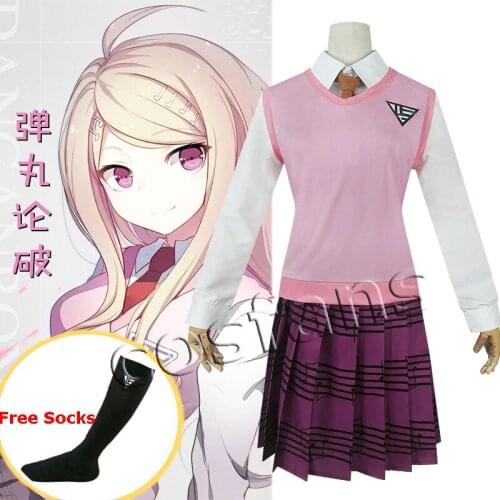 Kaede Akamatsu Cosplay Costume School Girls Shirt+Vest+Skirt+Tie+Sock Uniform New Danganronpa V3 Halloween Cosplay Wigs+Wig Cap