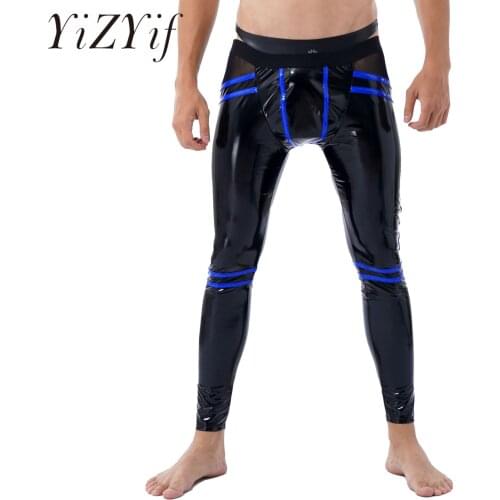 Mens Lingerie See Through Mesh Trousers Open Back Striped Patent Leather Leggings Low Rise Elastic Waistband Skinny Pants