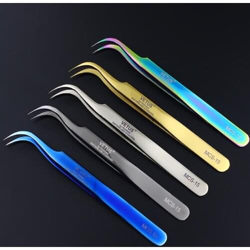 Vetus Original MCS-15 Tweezers Premium Mink Eyelashes Extension Plant Pincers Curved Head 5 Corlours Available