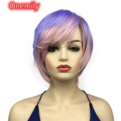 Onemily Short Straight Heat Resistant Synthetic Hair Wigs for Women Girls with Side Bangs Theme Party Out Fun Purple Pink