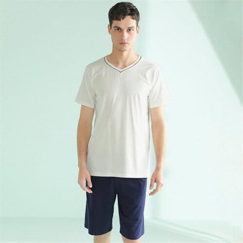 Summer Men Pajamas Set Cotton Plus Size Lounge Wear Couples Sleepwear Solid Color v-Neck Short Sleeve Male Nightwear
