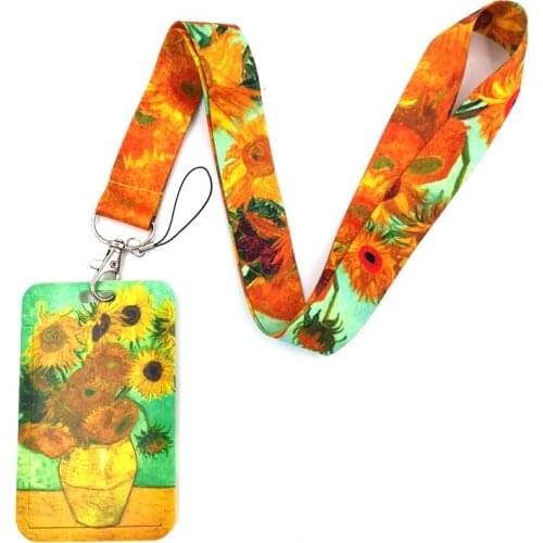 Van gogh Sunflowers Oil Painting Lanyard Credit Card ID Holder Bag Student Women Travel Card Cover Badge Car Keychain Decoration