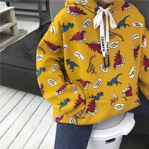 Vintage New Winter Korean Preppy ins Dinosaur Cartoon Print Cute Large yard Leisure Cartoon Loose Pullovers Hooded sweatershirt