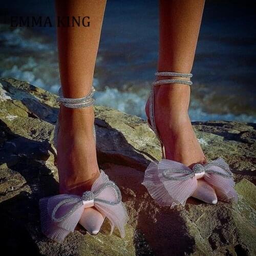 Spring Women Tulle Bow Satin High Heel Pumps Vintage Crystal Stiletto Heel Sandals Pupms Classic Pointed Toe Wedding Party Shoes