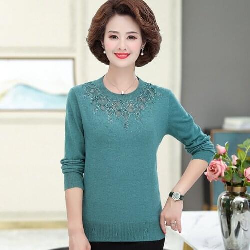 Embroidery Mesh Hollow Out Mother Warm Sweater Pullover 2021 Winter Middle Age Women Knitted Basic Shirt Casual Jumper Tops