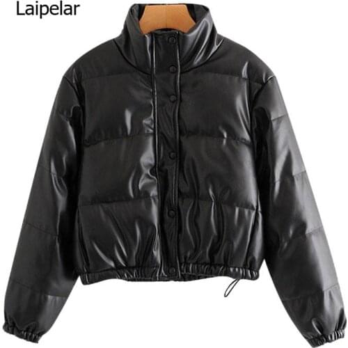 Women Fashion Faux Leather Thick Warm Padded Jacket Coat Vintage Long Sleeve Elastic Hem Female Outerwear Chic Top