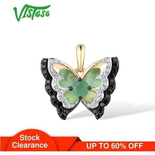 VISTOSO Pure 14K 585 Yellow Gold Pendants For Women Natural Emerald Sparkling Diamond Butterfly Wedding Trendy Gift Fine Jewelry