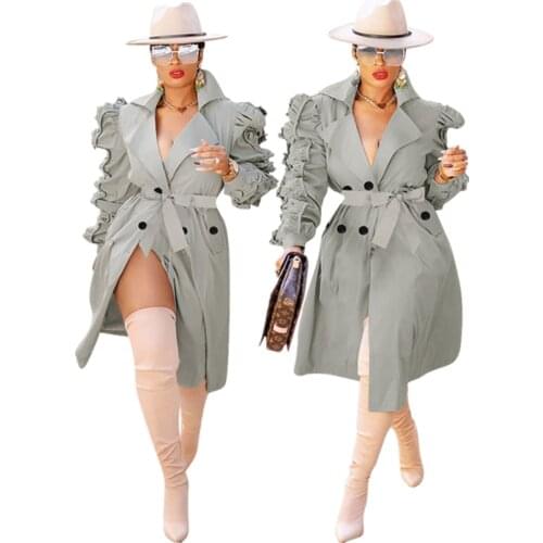 2021 Coat Women Autumn Long Windbreaker Belted Slim Ladies Jacket Fashion Coat Female Womens Ruffled Mid Length Casaco Feminino