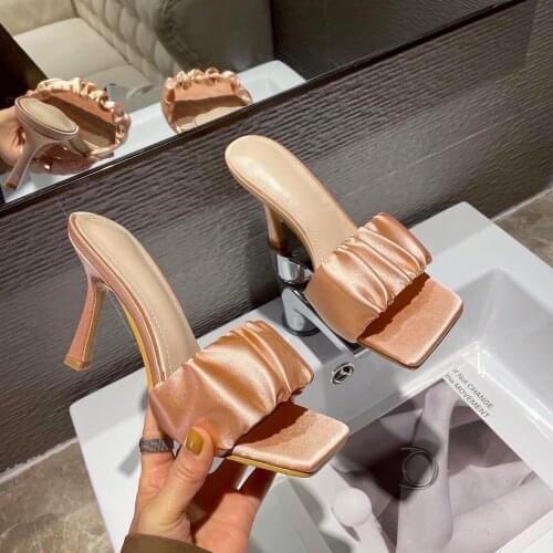 Women Transparent heel Slippers 2021 Summer Square Toe Ladies Sandals Sexy High Heels Pleated Beach Slides Fashion Outdoor Shoes