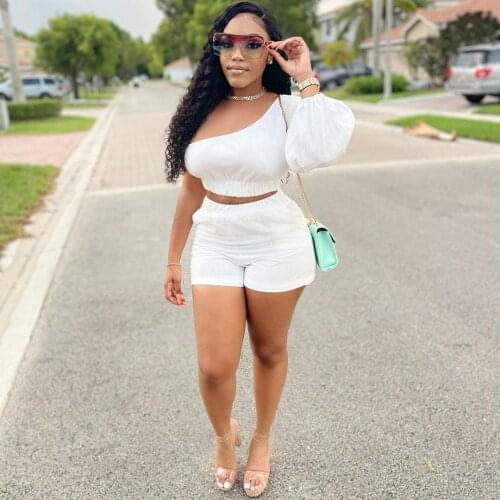 One Shoulder Asymmetrical Two Piece Short Set Women Sexy Long Puff Sleeve Crop Top and Biker Shorts Sweatsuit Female Clothing