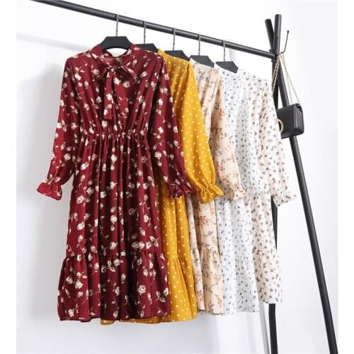 Women Casual Lady Korean Style Vintage Floral Printed Chiffon Shirt Long Dresses Sleeve Bow Midi Summer Dress Vestido Robe Femme