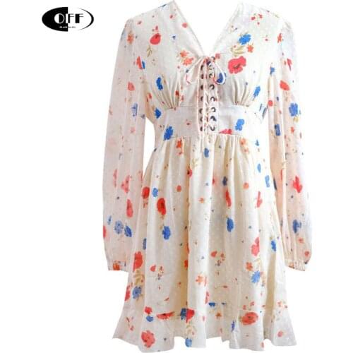 Elegant Women Floral Print Chiffon Dress V Neck Lantern long Sleeve A-line Mini Party Dresses Summer Casual vestido