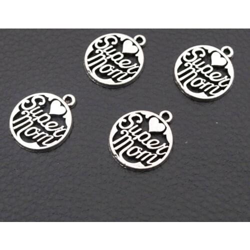 10pcs Antique Silver Color Hollow 22 * 18mm Super Mom Metal Tag Pendants DIY Metal Jewelry Charm Mothers Day Handicraft Making