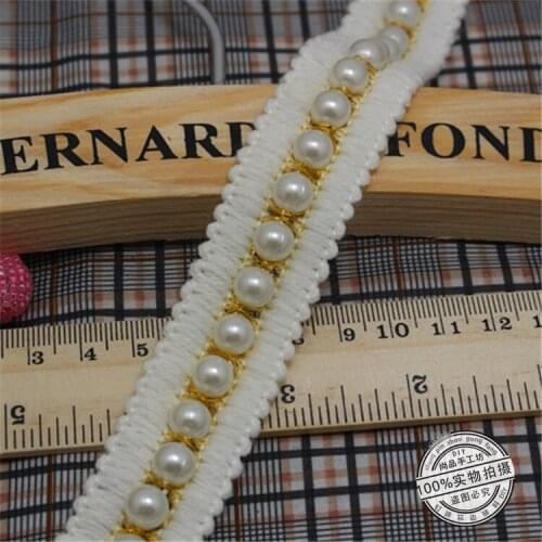 10Yards Vintage White Pearl Beaded Cotton Gold Yarn Embroidered Lace Trim Ribbon Fabric Handmade DIY Wedding Dress Sewing Edge