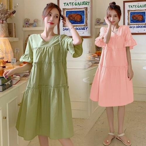 1206# Maternity Clothes Summer Cotton Short Sleeve Loose Stylish Mid-Long Dress for Pregnant Women Mom Dress