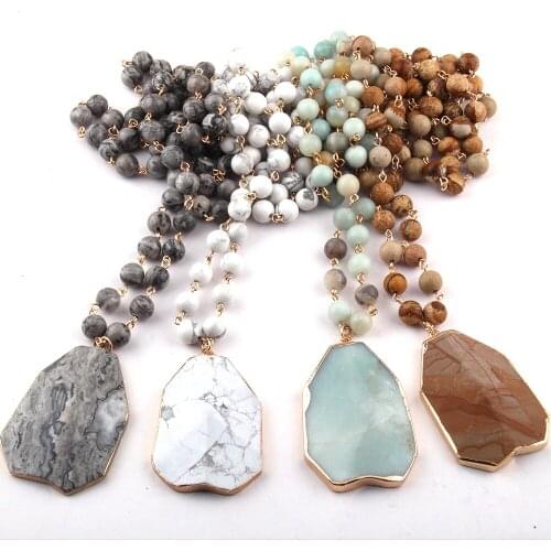 Free Shipping Fashion Bohemian Tribal Jewelry Natural Stone Rosary Chain Matching Stone Pendant Necklaces For Women Ethnic Neck