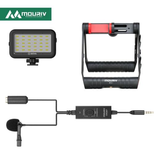 MOURIV VK-R1X Foldable Smartphone Video Rig with Lavalier Microphone,Led Light,Handheld Stabilizer Filmmaking Case Tripod Mount