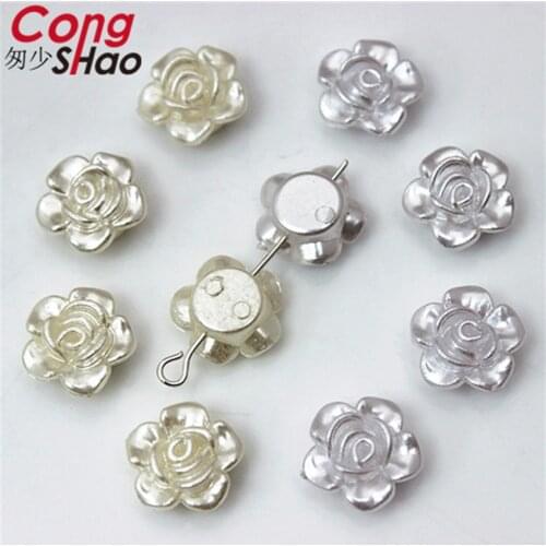 Cong Shao 200pcs 12mm flatback flower sewing 1 hole imitation pearl beads ABS Acrylic Rhinestone DIY Wedding Dress Button CS691