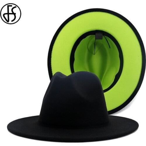 FS 2020 60CM Hat Black Green Patchwork Fedora Hats Men Women Wide Brim Panama Cowboy Trilby Cap Party Elegant Wool Felt Jazz Hat