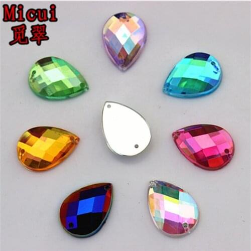 Micui 100PCS 13*18mm Drop Shape AB Acrylic Rhinestone Sew On Flat Back Fancy Crystal Stones For Clothing Dress Decorations ZZ443
