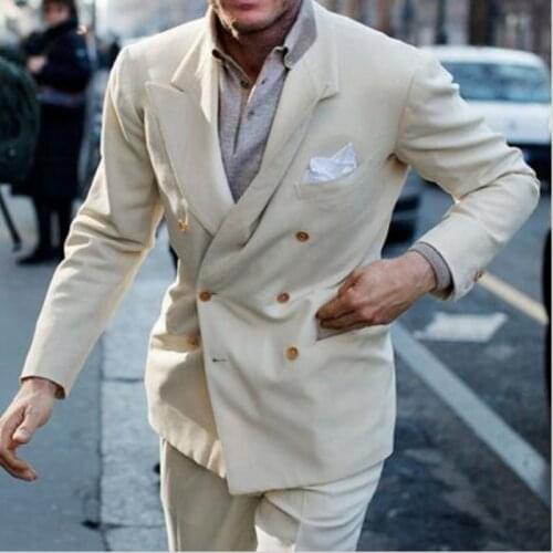 2020 Designs White Cream Double Breasted Latest Coat Pants Suits Tuxedo Slim Fit Mens Suit Casual Blazer 2 Piece Jacket Pants