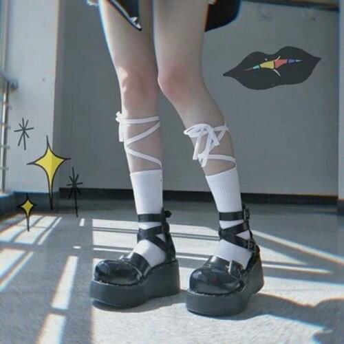 Japanese Tide Black White Cotton Sox With Long Rope Strap Top Cross Bow Knot Lolita Good Print Heel Fashion Women Socks