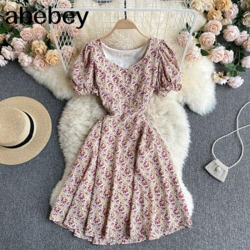 Women French Sweet Floral Dress Sweet Puff Sleeve V Neck A-line Dress Summer Bohemian Print Casual Vacation Midi Dress