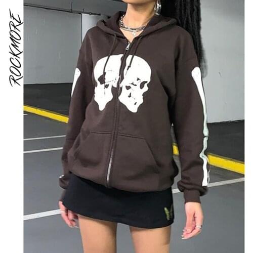 Rockmore Skull Print Hoodies WomenS Sweatshirts Hoodie Pocket Jacket 2021 Autumn Casual Loose Zip Up Hooded Gothic Grunge Top