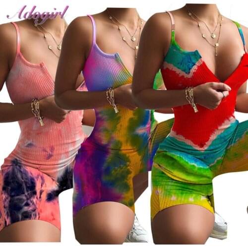 Sexy Tie Diy Print Spaghetti Strap RibKnit Night Party Club Jumpsuit Backless V-Neck Street One Piece Rompers Outfit Overalls