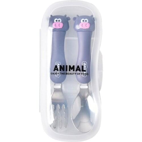 2 Pcs Cartoon Cute Spoon Fork Set Stainless Steel Baby Tableware Feeding Scoop N0HD