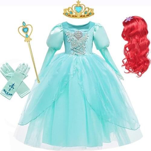 2021 Halloween Mermaid Costume for Girls Disney Princess Ariel Ball Gown Kids Christmas Party Frocks Embroidery Dress Velvet