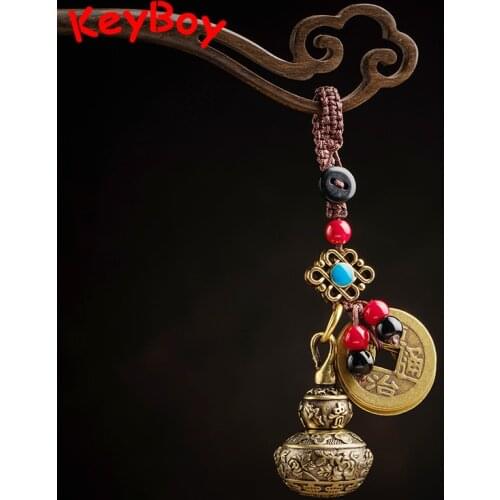 Antique Chinese Brass Blessing Gourd Pendant for Keychain Handmade Woven Lanyard Ancient Five Emperors Coins Feng Shui Hangings
