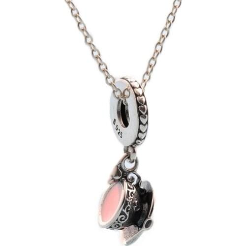 Bewill S925 Sterling Silver Magic Tea Cup Pendant Drop Oil Pink Bracelet String Pendant Charms