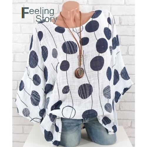 Womens Tunics Plus Size O-Neck Polka Dot Blouse Bat Three Quarter Sleeve Tops Casual Loose Shirt Ladies Tops and Blouses 2020