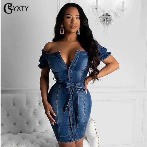 GBYXTY Club Party Off Shoulder Skinny Sashes Denim Dress Vestidos Women Summer Short Sleeve Single Breasted Jeans Dress ZL678