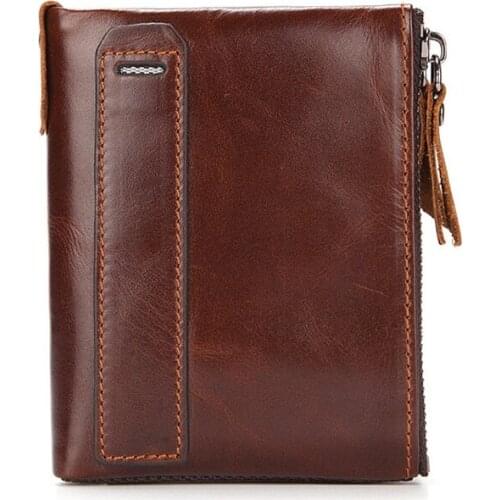 Hot sale mens wallet leather short coin purse oil wax leather double zipper wallet top layer leather wallet