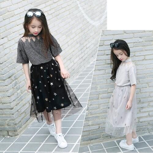 Princess Girls Clothes Sets Star Sequins Mesh Skirt + Hollow Bling T shirt Fashion Little Girl Teenage Girls Tracksuits 160 150